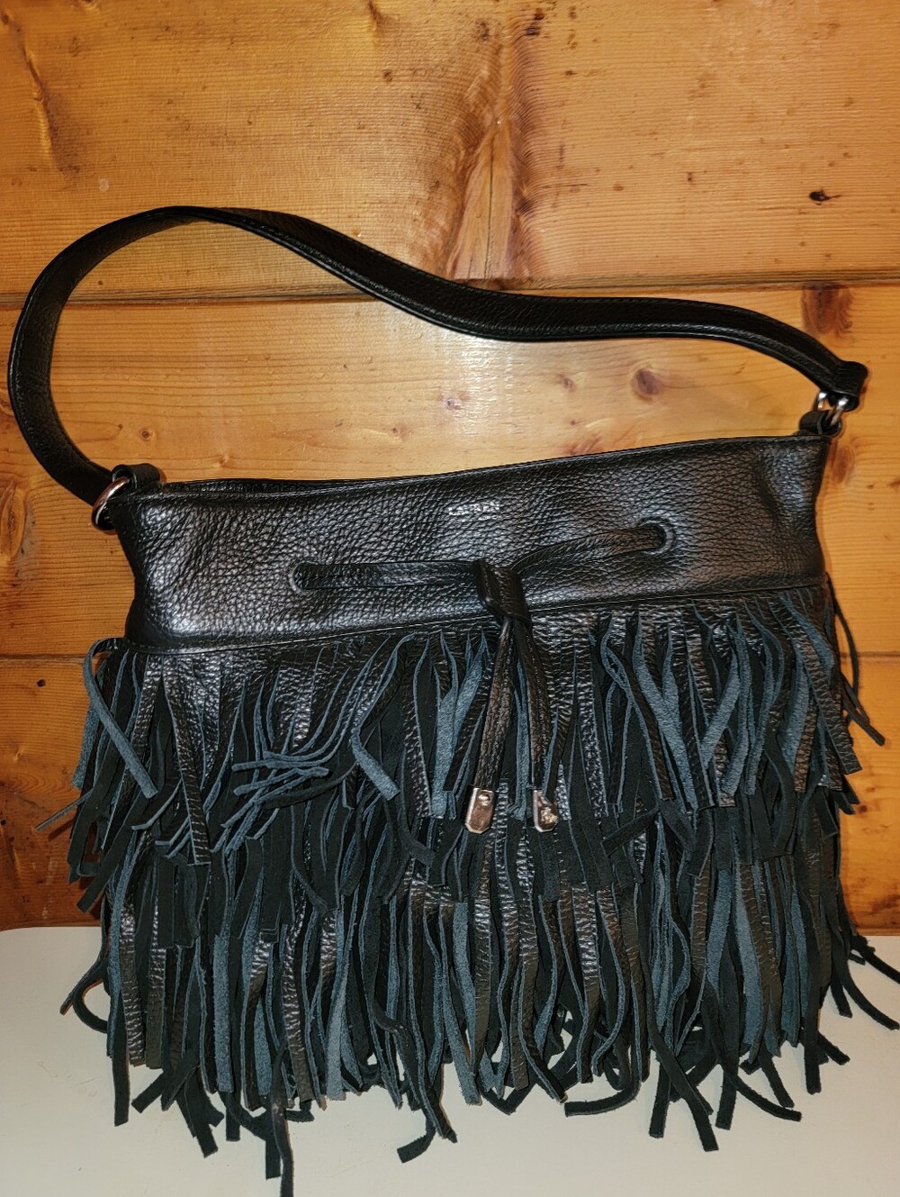 Lauren Ralph Lauren Cobden Leather Fringe Drawstring Shoulder Bag - Black